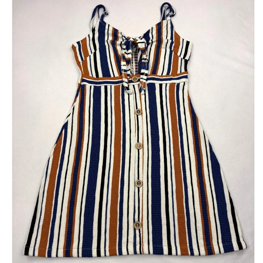 Love Tree Striped Cami Mini Dress Womens Small S Sweetheart Tie Front Smocked - Picture 1 of 6